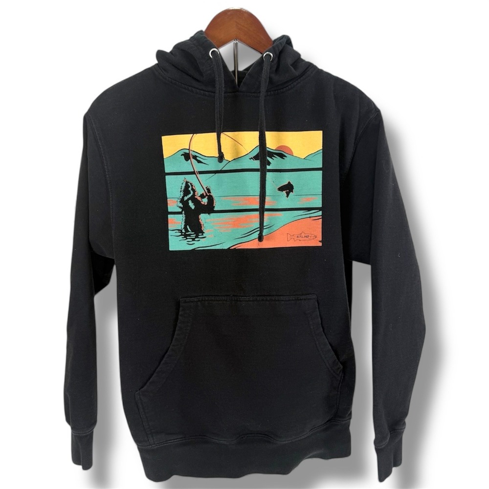 STLHD Bigfoot Fishing Hoodie Unisex Small Graphic‎ Pullover Outdoors Black